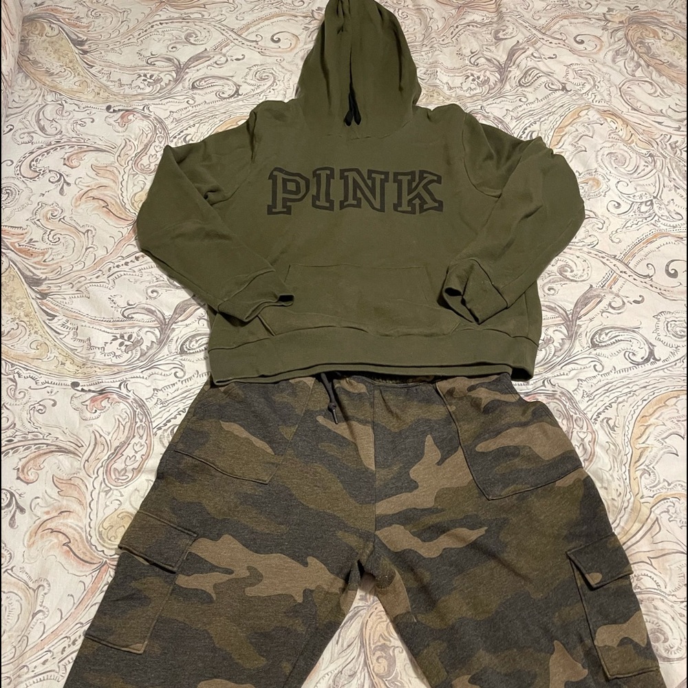 PINK (VS) Large hoodie Olive and Large Camo joggers